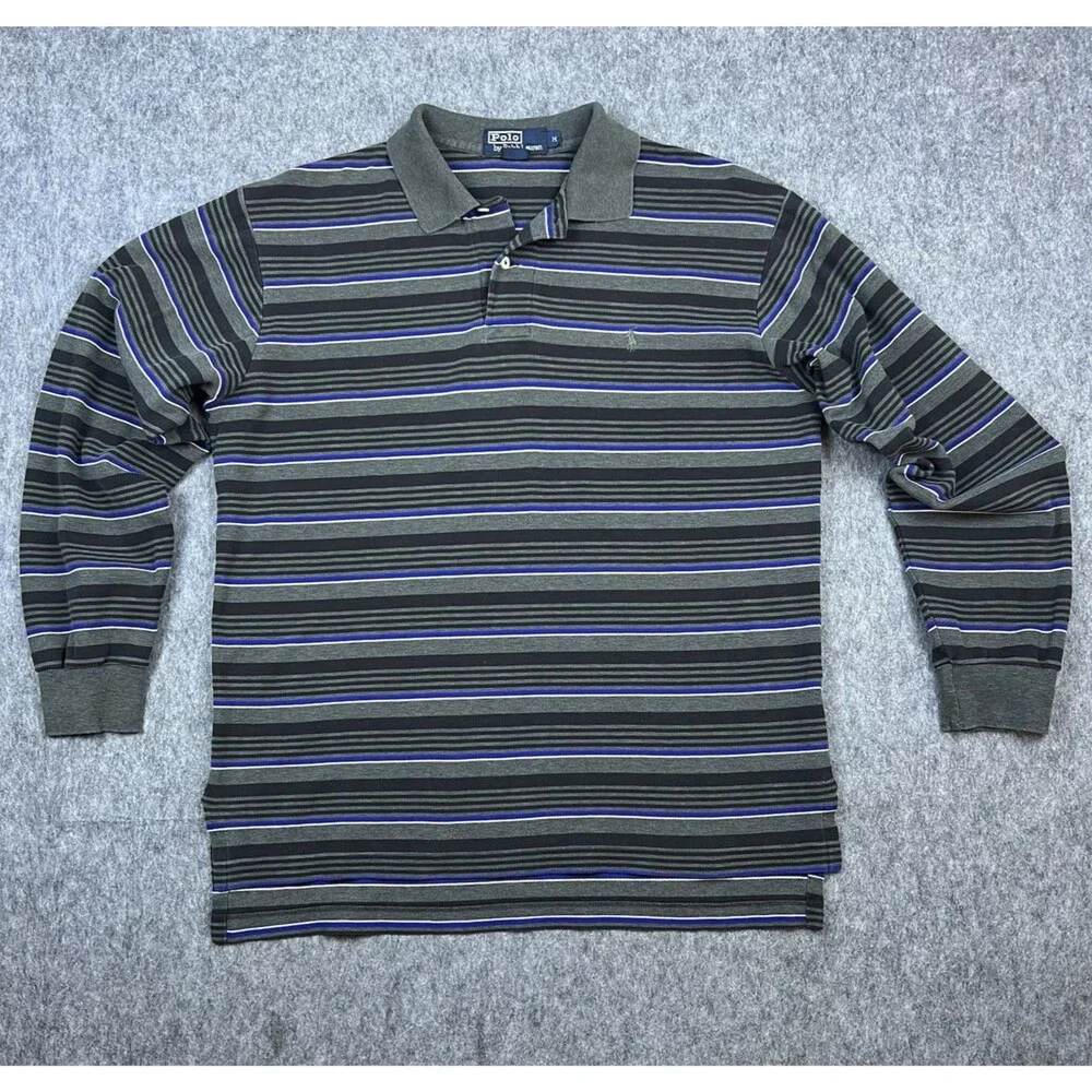 Vtg Polo Ralph Lauren Men's Long Sleeve Polo Striped Gray Blue Black Cotton Sz M